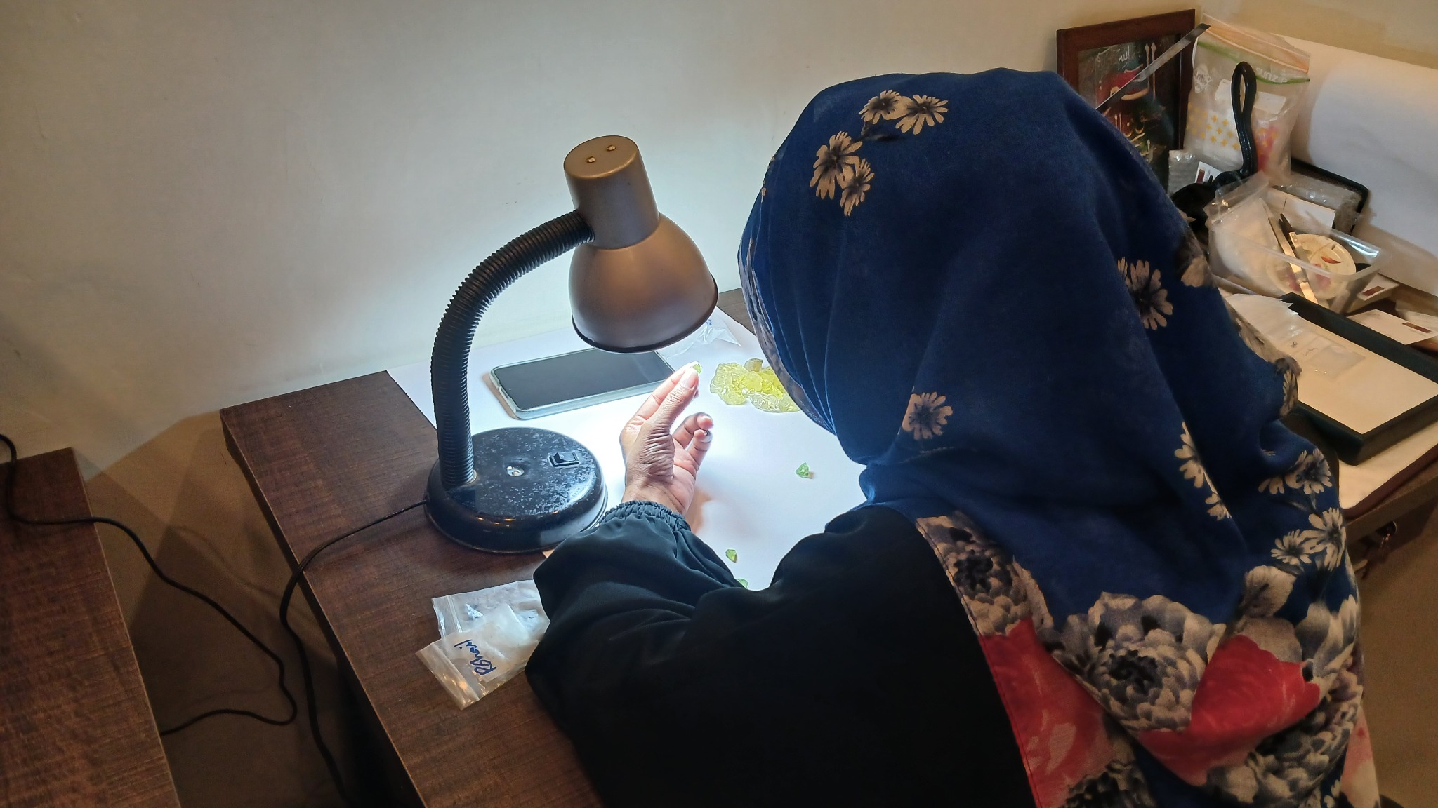 FEP participant examining rough gemstones under a desk light