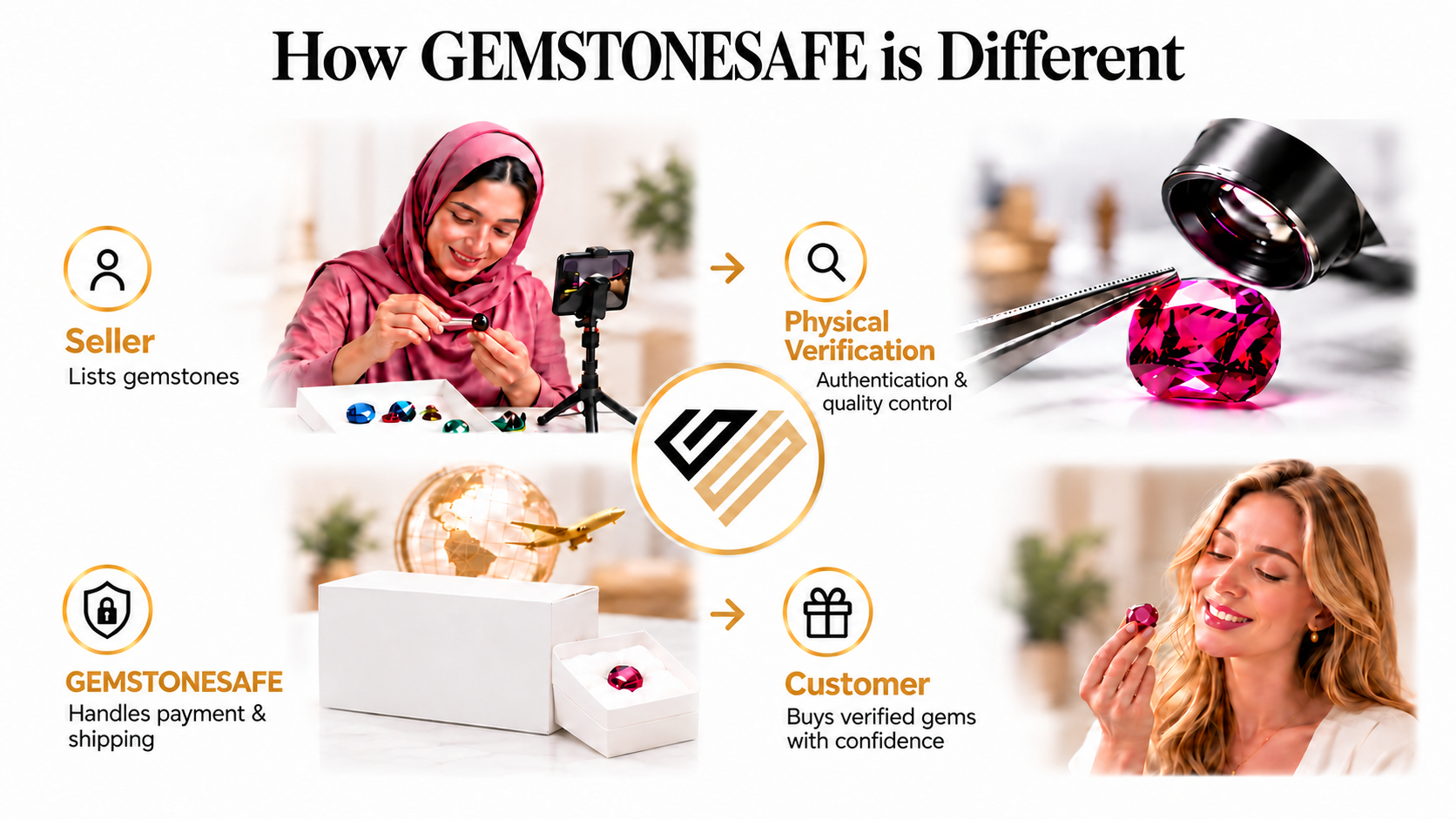 How GemstoneSafe is different: the seller lists gemstones, each stone goes through physical verification for authentication and quality control, GemstoneSafe handles payment and shipping, and the customer buys verified gems with confidence.