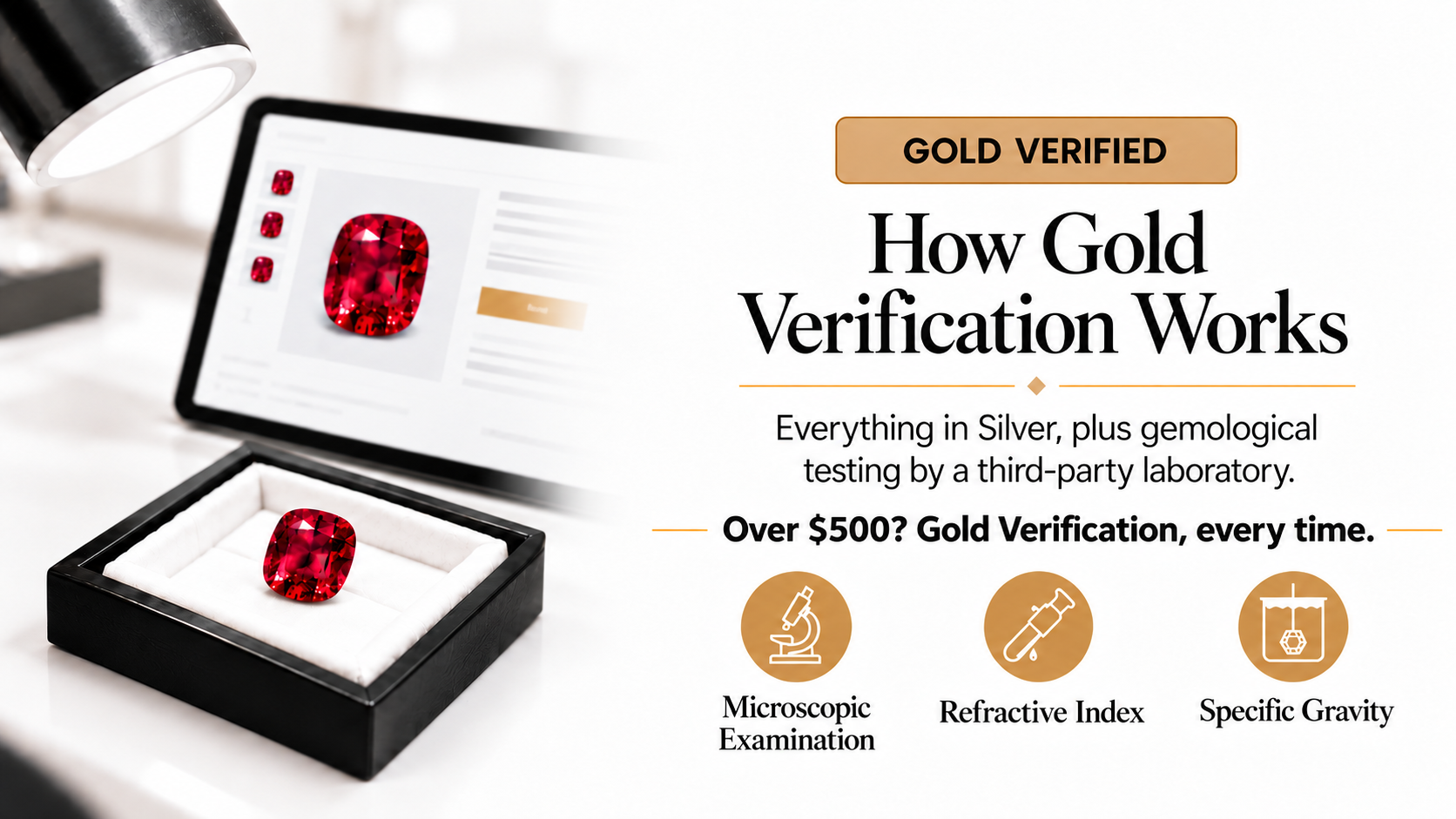 How Gold Verification works: everything in Silver, plus gemological testing by a third-party laboratory — microscopic examination, refractive index and specific gravity. Over $500? Gold Verification, every time.